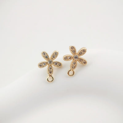 4 piezas de pendientes con forma de flor, pendientes de botón de latón chapado en oro auténtico con aro, pasador de plata S925, pendientes con pavé de circonitas, accesorio para pendientes ZX044