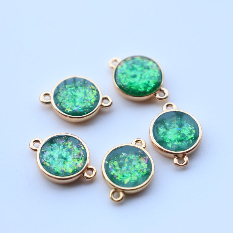 5pcs Faux Opal Round Connectors, Cubic Zircon Crystal Pendant, Bracelet Necklace Pendant, 14K Real Gold Plated, Jewelry Findings JY086-F129