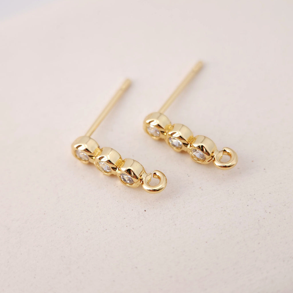 Tiny Ear Post with Loops, S925 Silver Ear Pin Nickel Free, Micro CZ Pave, 13.2*3.5mm, 18K Gold Plated Stud Earring Finding S1193