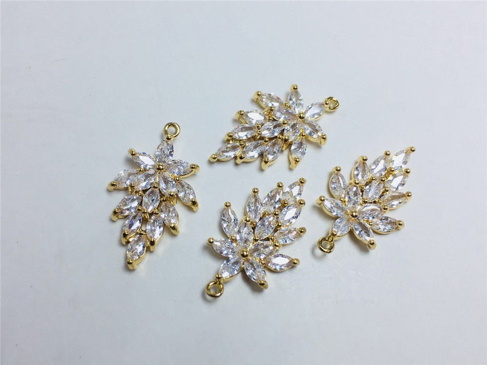 CZ Pave Leaf Charm, Cubic Zircon Crystal Leaf Pendant, CZ Earring Charms,  Real Gold Plated Brass Earring Charms, Jewelry Finding ZR016-F039
