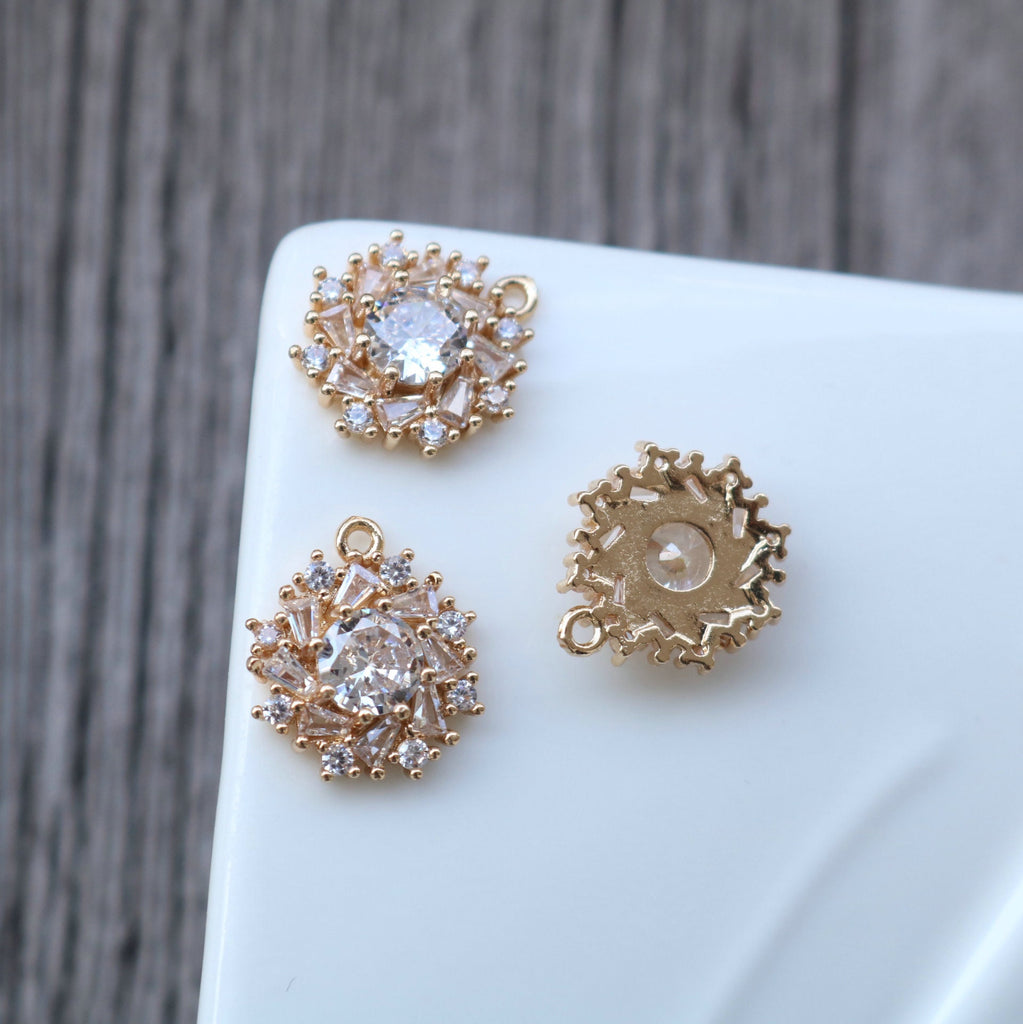 CZ Flower Charm, Cubic Zircon Crystal Flower Pendant, CZ Earring Charms, Gold Plated Brass Earring Charms, Jewelry Findings HL006-F202