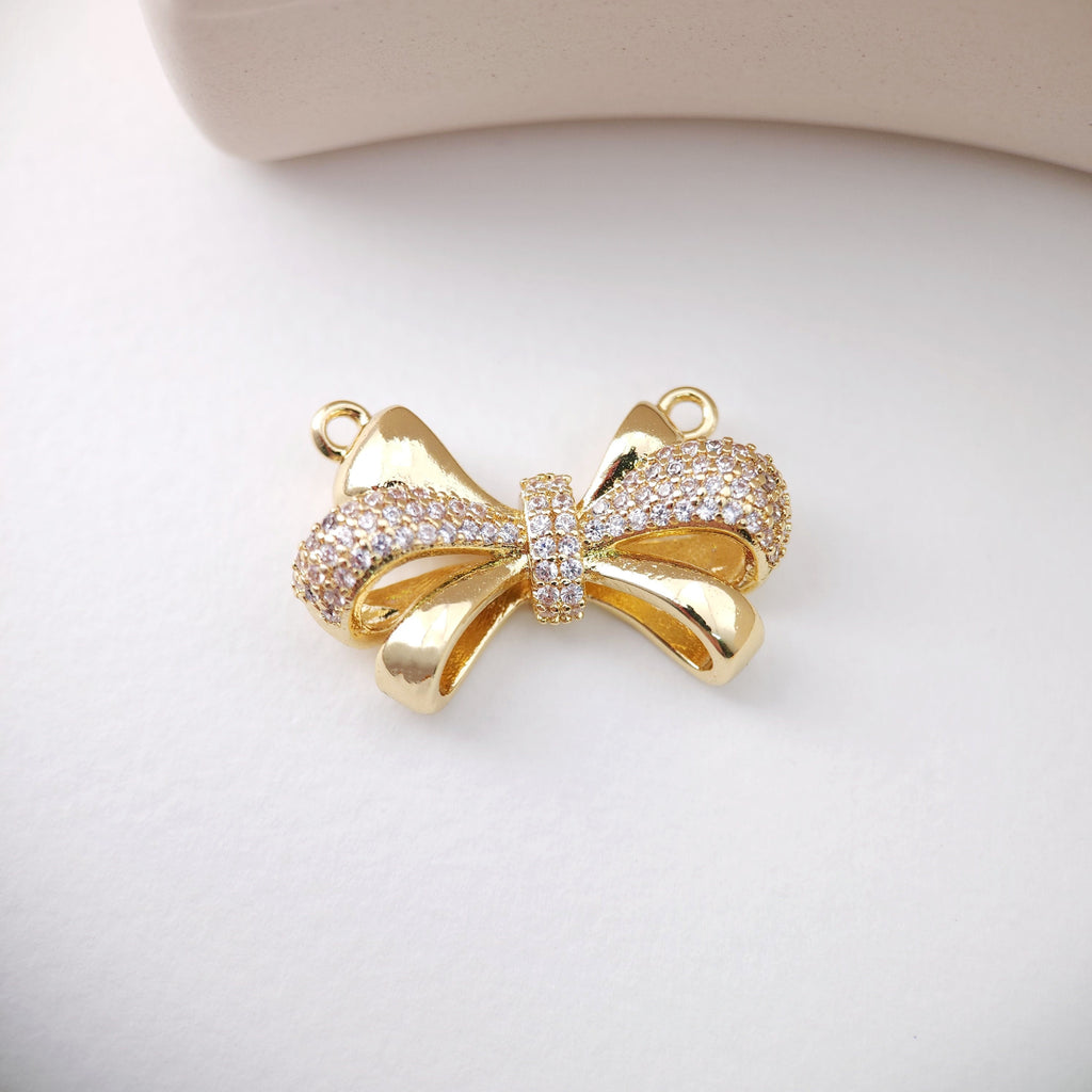 CZ Pave Bow Tie Charm, Cubic Zircon Crystal Bow Tie Pendant, Bracelet Necklace Pendant, Gold Plated, Jewelry Findings S1224