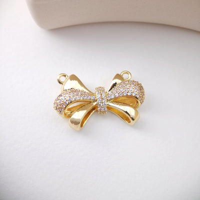 CZ Pave Bow Tie Charm, Cubic Zircon Crystal Bow Tie Pendant, Bracelet Necklace Pendant, Gold Plated, Jewelry Findings S1224