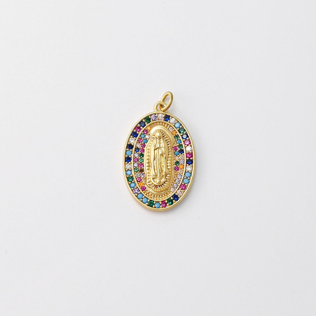 Cubic Saint Maria Charm, Religious Pendant, 18K Gold Plated Micro CZ Pave Our Lady Pendant, Vintage Necklace Making Charm S20827