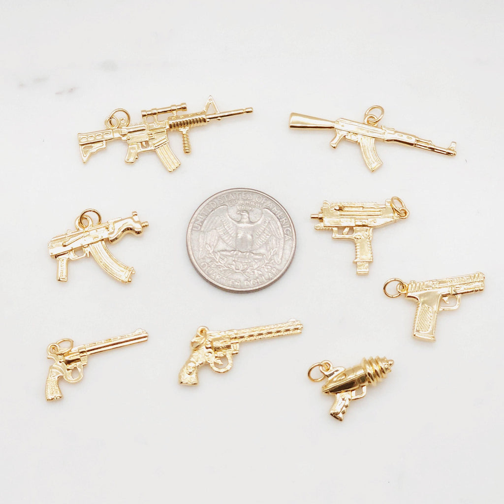 Gold Gun Charms, 18K Gold Plated Gun Pendant, Weapon Pendant, Necklace Charms, Jewelry Findings S20362