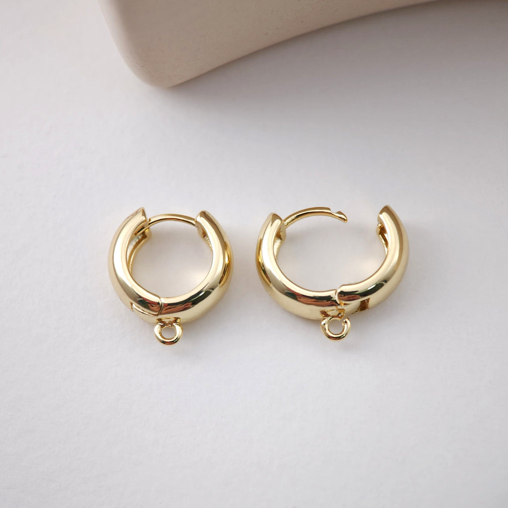 Chunky Smooth Earring Hoop, Gold/Silver Huggie Earring with Loop, 14mm, Everyday Simple Huggie Hoops , Handmade Earring Supplies  D0115