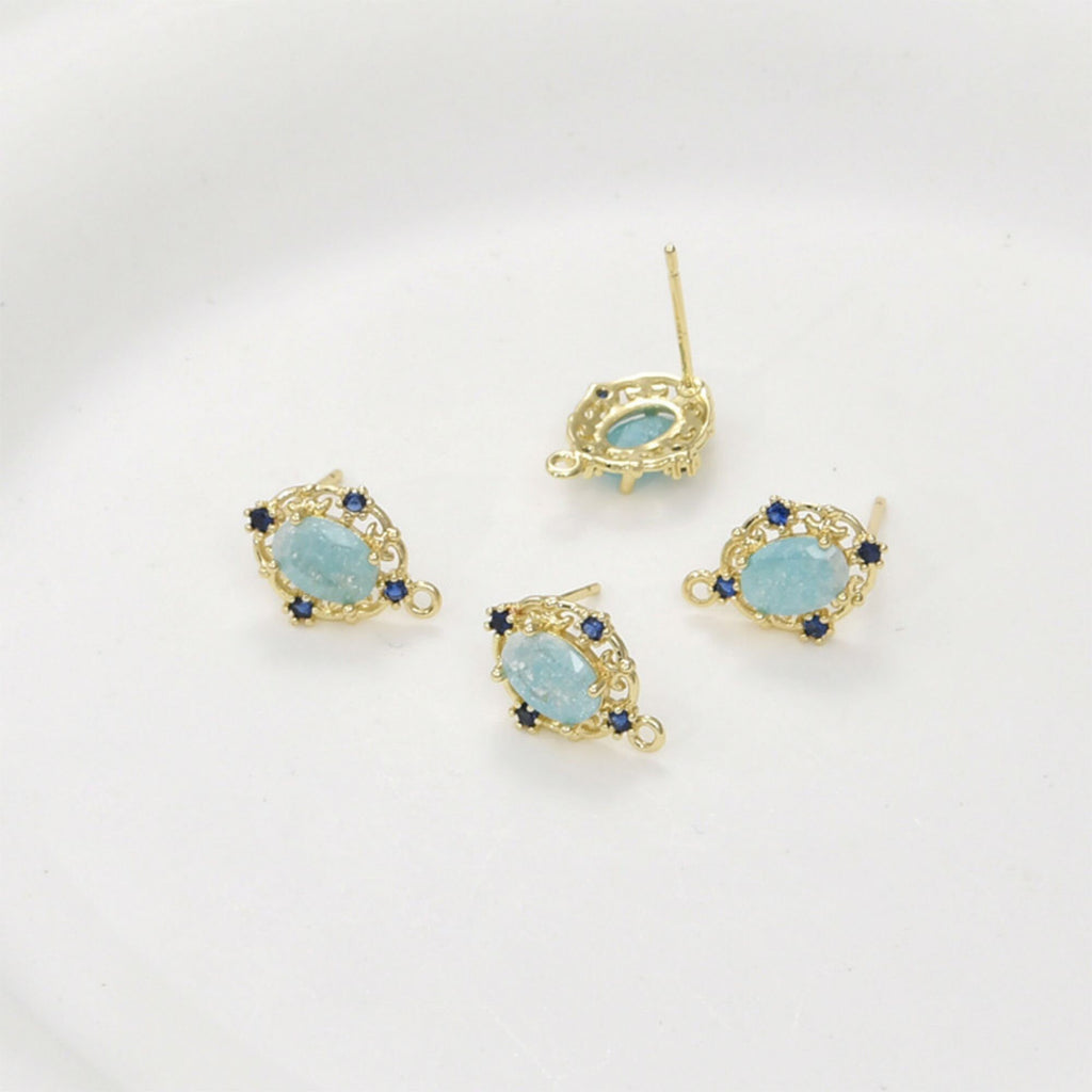 Vintage Oval Ear Post with Loops, Pave Aquamarine Cracked Stone, S925 Silver Ear Pin Nickel Free, 18K Gold Plated Stud Earring Finding LL195