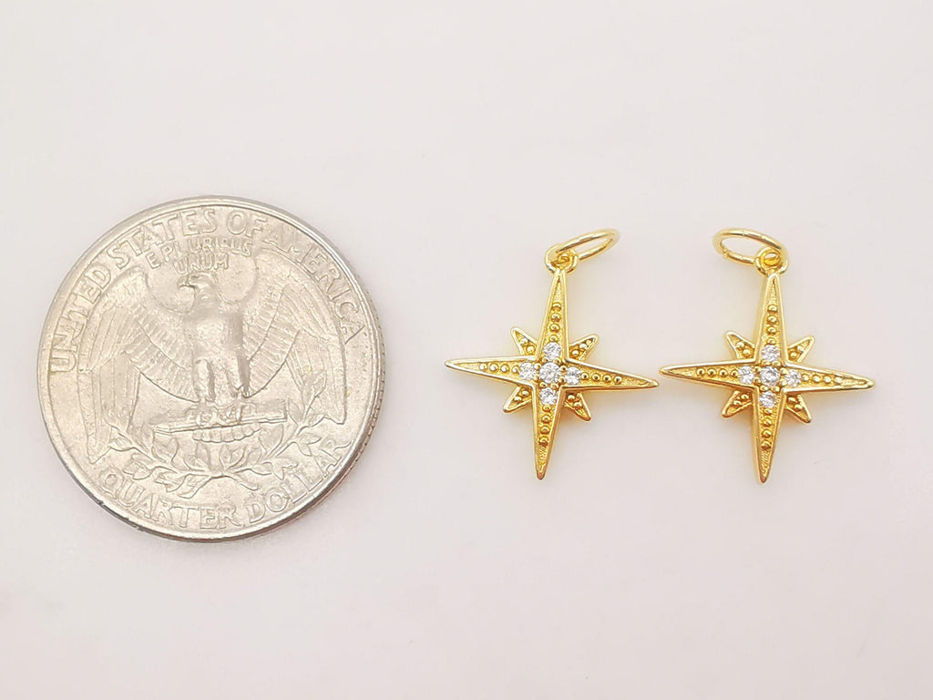 6PCS 16mm North Star Charms, Crystal Cubic Star Pendant, 18K Gold Plated, Necklace charms, Jewelry Findings S704