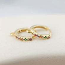 Load image into Gallery viewer, Rainbow Pave Cubic Ear Hoops Multicolor Pave Crystal , 14mm, 18K Gold Plated Leverback Earrings, Huggie Hoops Earring D0145