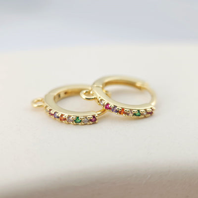 Rainbow Pave Cubic Ear Hoops Multicolor Pave Crystal , 14mm, 18K Gold Plated Leverback Earrings, Huggie Hoops Earring D0145