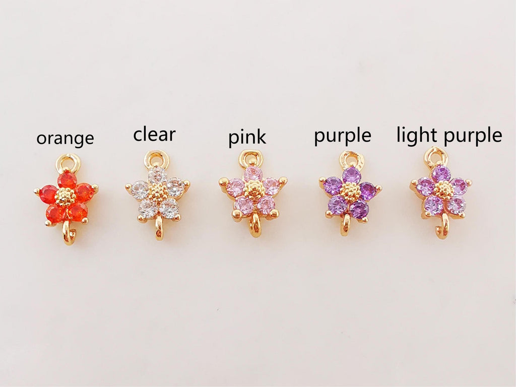 5pcs Flower Connector Charm with loops, Multicolour Cubic Pave Pendant, Bracelet Necklace Making, Gold Plated Jewelry Findings L001-F258