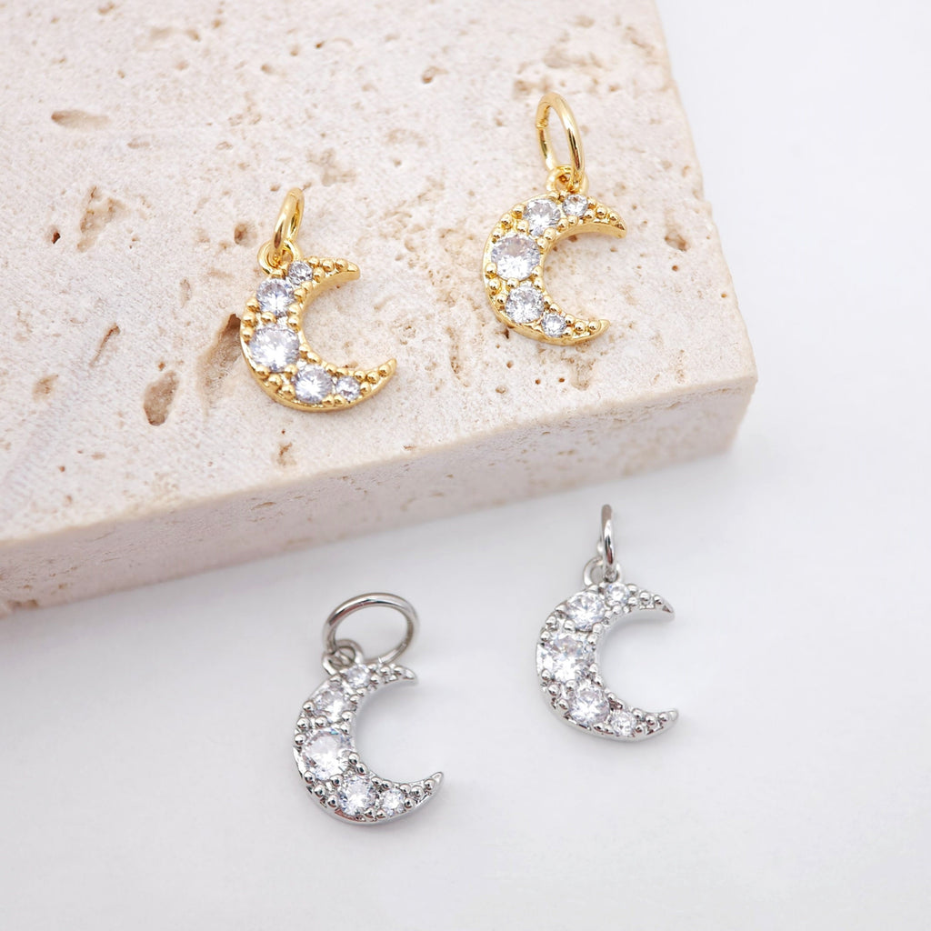 Tiny Cubic Crescent Moon Charm, 18K Gold Plated Moon Pendant, Clear Micro CZ Pave Horn Charms, 8x7mm, Jewelry Findings S772