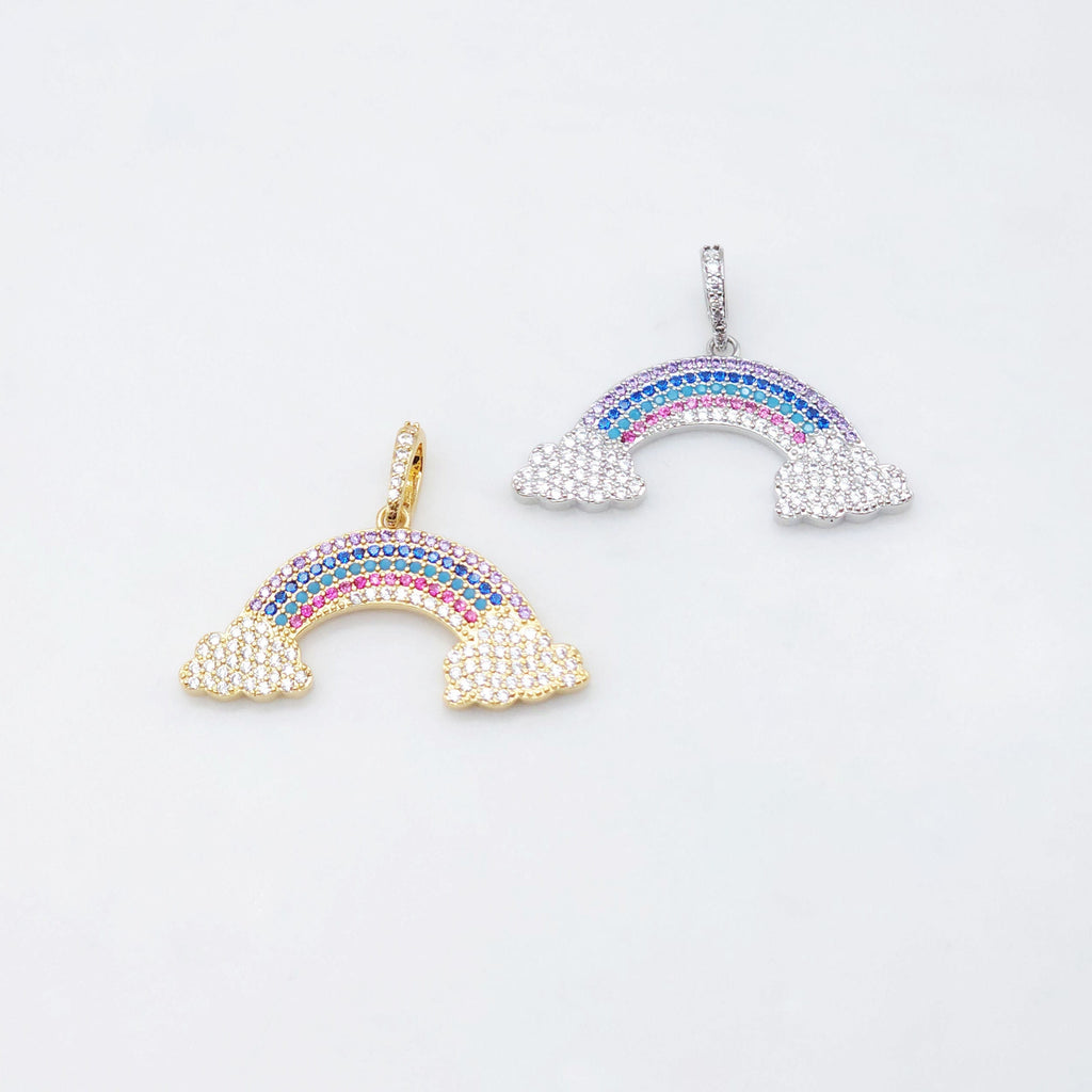 Dainty Rainbow Cloud Charm, Colorful Micro CZ Pave Rainbow Pendant, 36mm, 18K Gold Plated, Necklace Making Charm, Jewelry Findings S20476