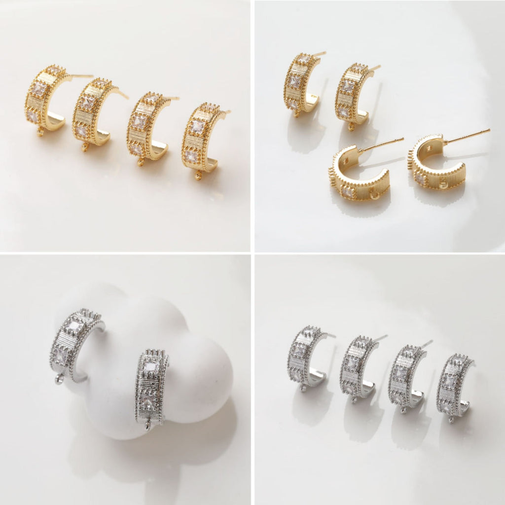 C Shape Earrings Post, 14K Gold/Silver Plated, CZ Pave, S925 Silver Ear Pin Nickel Free, Ear Stud Hypoallergenic Earring Findings GZ406