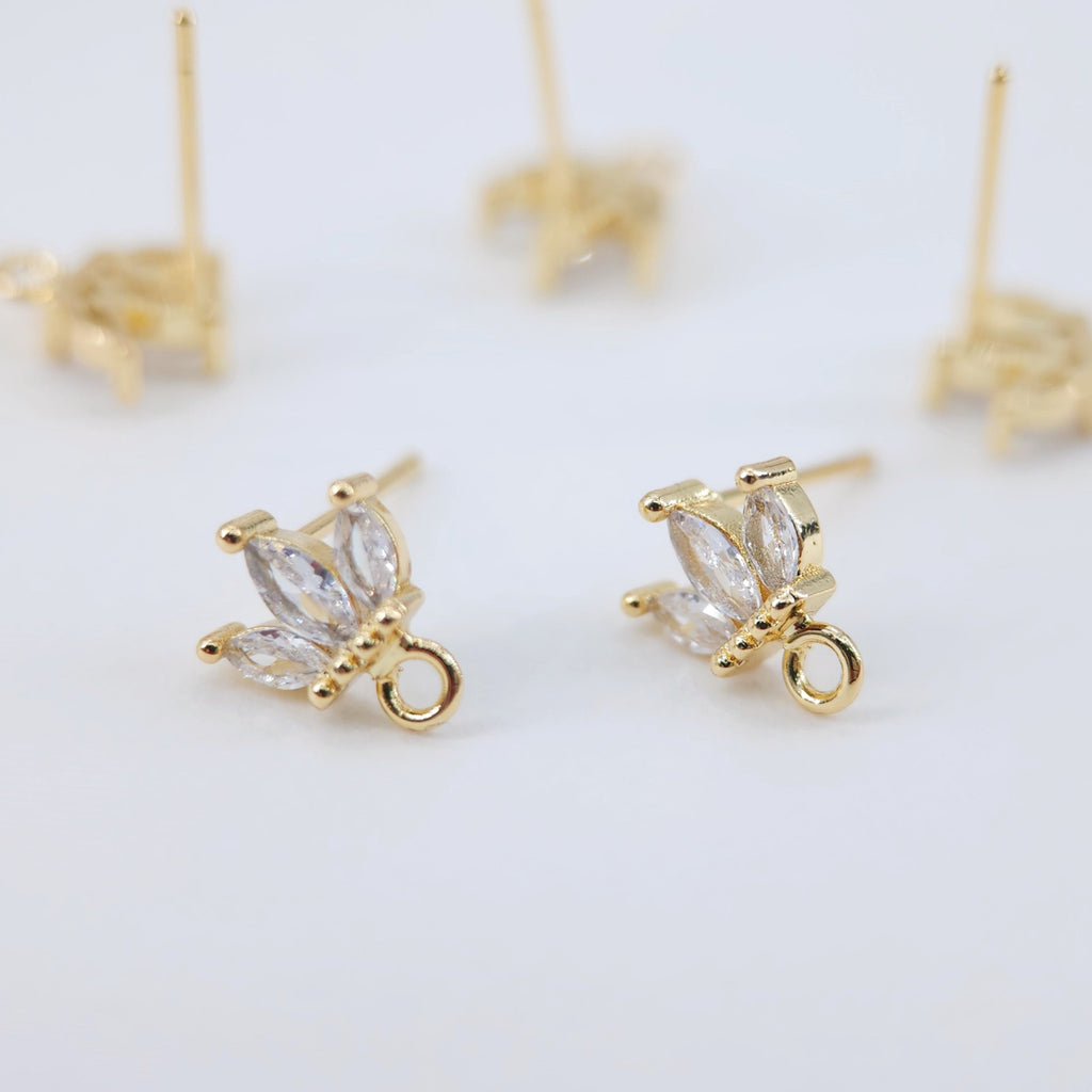 Cubic Zirconia Crown Post Earrings,Gold Plated Earring Stud with Loop,Hypoallergenic,Handmade Earring Finding,DIY Earring Supplies D0037