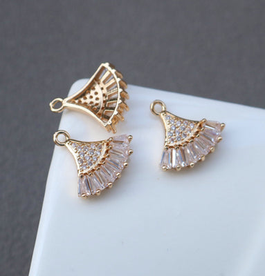 CZ Pave Fan Shape Charm, Cubic Zircon Crystal Fan Connector, CZ Earring Charms, Gold Plated Brass Earring Charms, Jewelry Finding HL004-F036
