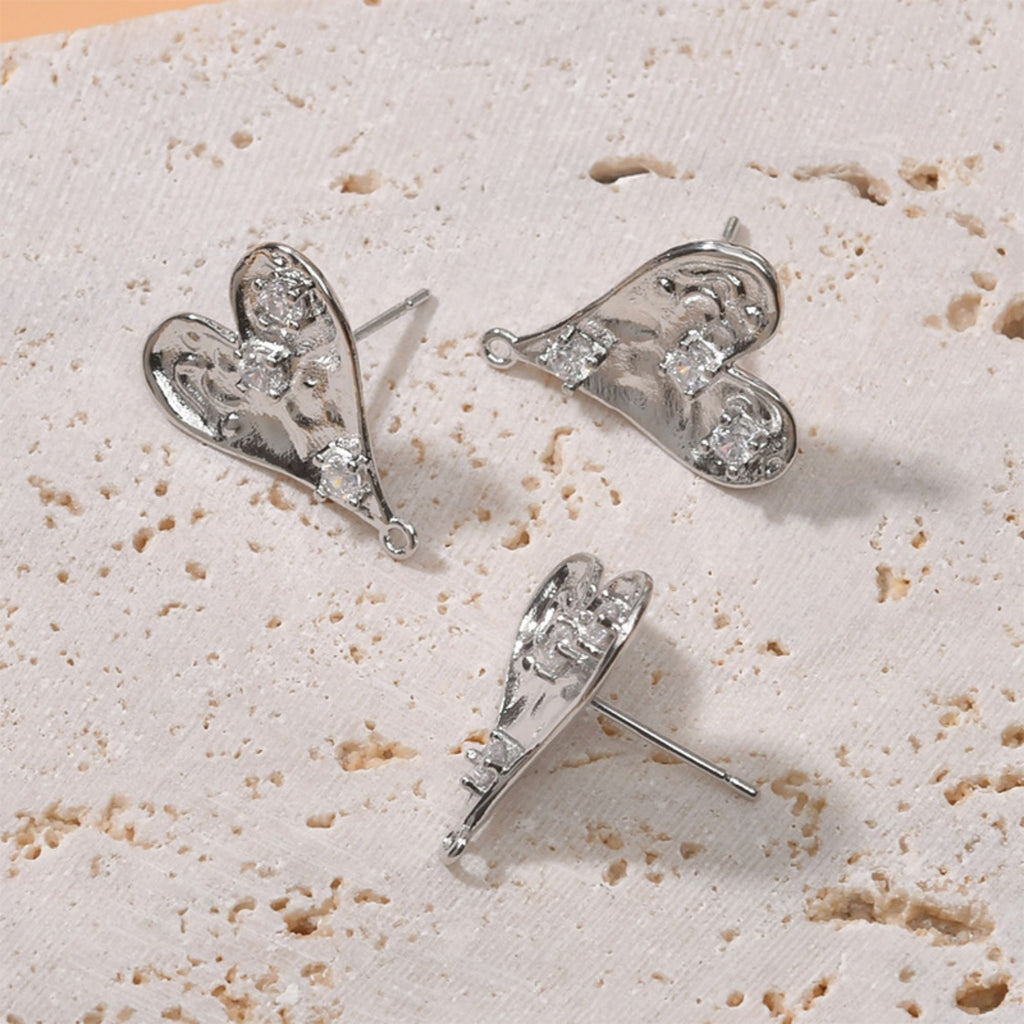 Gold Polished love heart CZ Earring Post,  14K Gold Nickel Free Earrings, S925 Silver Ear Pins, 19mm, Heart Shape Ear Stud with Loop LL239