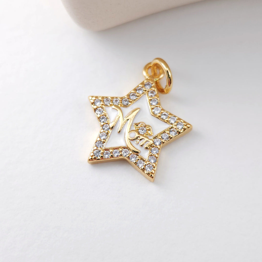 Cubic Star Mom Charm, 18K Gold Plated Micro CZ Pave Star Pendant, Necklace Making Findings, Jewelry Finding Gift for Mom S1126