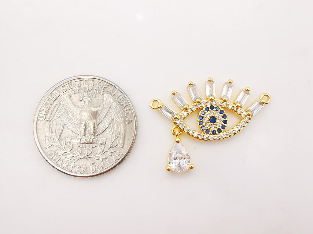 Cubic Evil Eye Charm, 18K Gold Plated Micro CZ Pave Eye Pendant, 29x15mm, Necklace Making Charm, Jewelry Findings S850