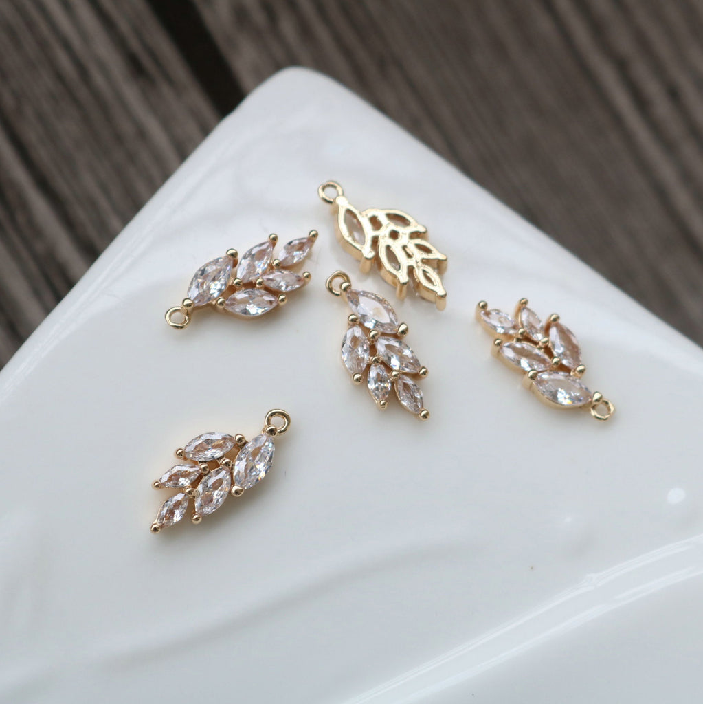 2PCS CZ Pave Leaves Charm, Cubic Zircon Crystal Leaf Pendant, Necklace Pendant, Gold Plated Charm, Jewelry Findings HL049-F012