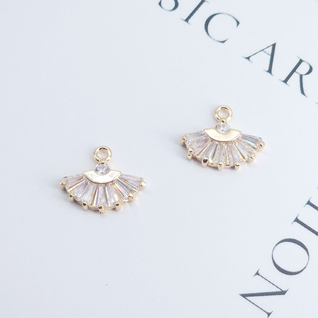 CZ Pave Fan Shape Charm, Cubic Zircon Crystal Fan Connector, CZ Earring Charms,Real Gold Plated Earring Charms, Jewelry Findings ZR003-F072