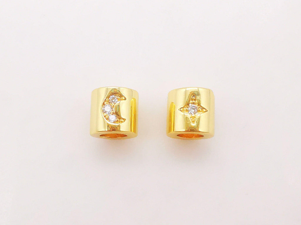 10PCS 6mm Moon Star Tube Spacer Beads, Micro Pave Symbols Large Hole Cubic Beads, 18K Gold Plated, Bracelet Making Jewelry Finding S240