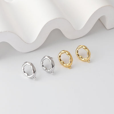 Hammered Irregular Earrings Post With Loop, 18K Gold Plated, Nickel Free, S925 Silver Pin, Openwork Hypoallergenic Earring Findings D0461