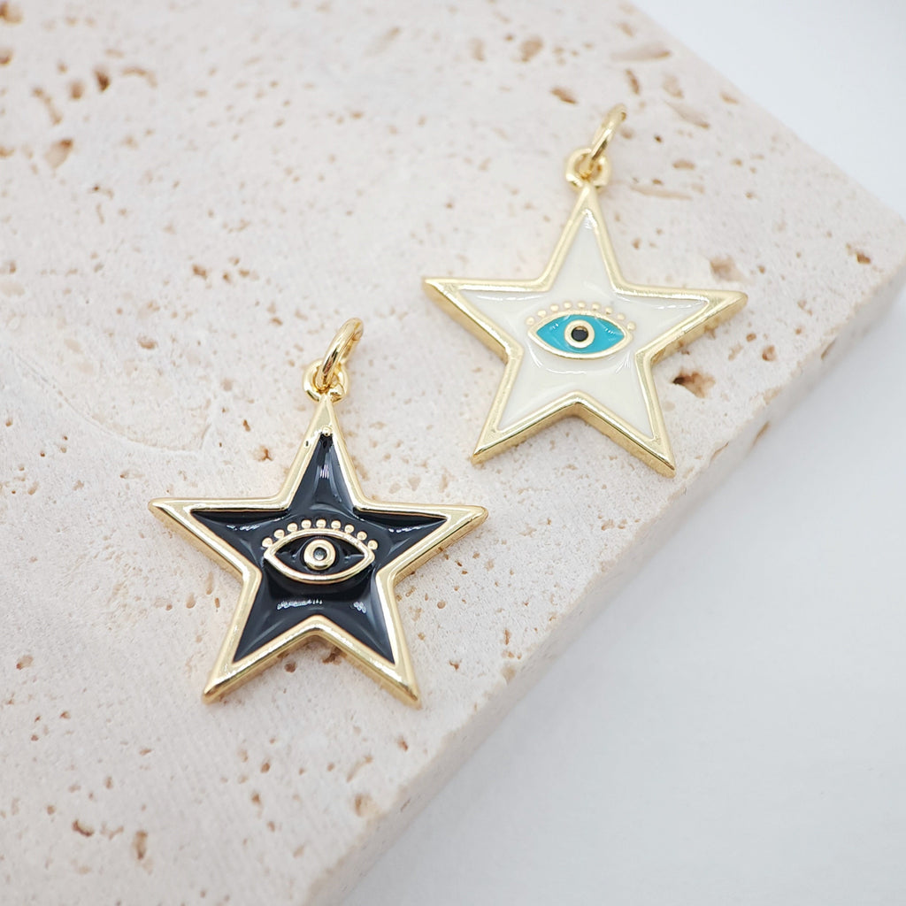 Enamel Star Charm, 18K Gold Plated Evil Eye Pendant, 20x22mm, Necklace Bracelet Making Pendant, S993