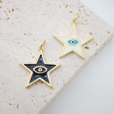 Enamel Star Charm, 18K Gold Plated Evil Eye Pendant, 20x22mm, Necklace Bracelet Making Pendant, S993
