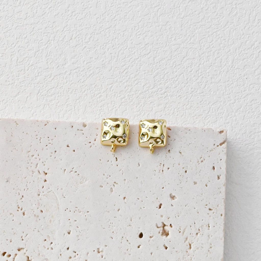 Square Post with Loop, Pave CZ, 18K Gold, S925 Silver Pin Nickel Free Earrings, Hypoallergenic Earring Findings D0427