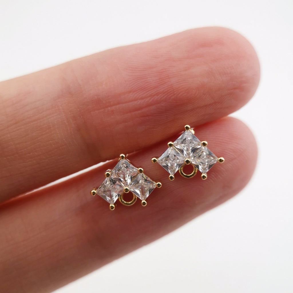 Cubic Zirconia Triangle Post Earrings, Gold Earring Post with Loop, Hypoallergenic, Earring Findings, Handmade Earring Supplies D0029