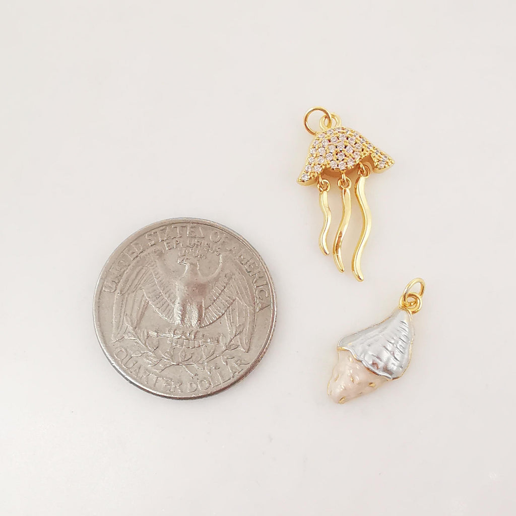 Enamel Marine Life Charms, Jellyfish, Seashell, Fishtail Pendant, Gold Plated Cubic Pave Charms, Bracelet Making, Jewelry Findings S20239