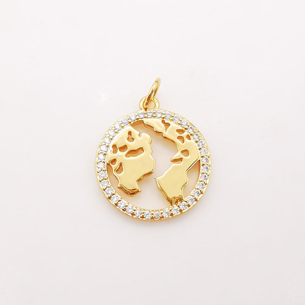 2 colgantes de mapa del mundo cúbicos, chapados en oro de 18 quilates, 17 mm, para hacer collares y bisutería S933