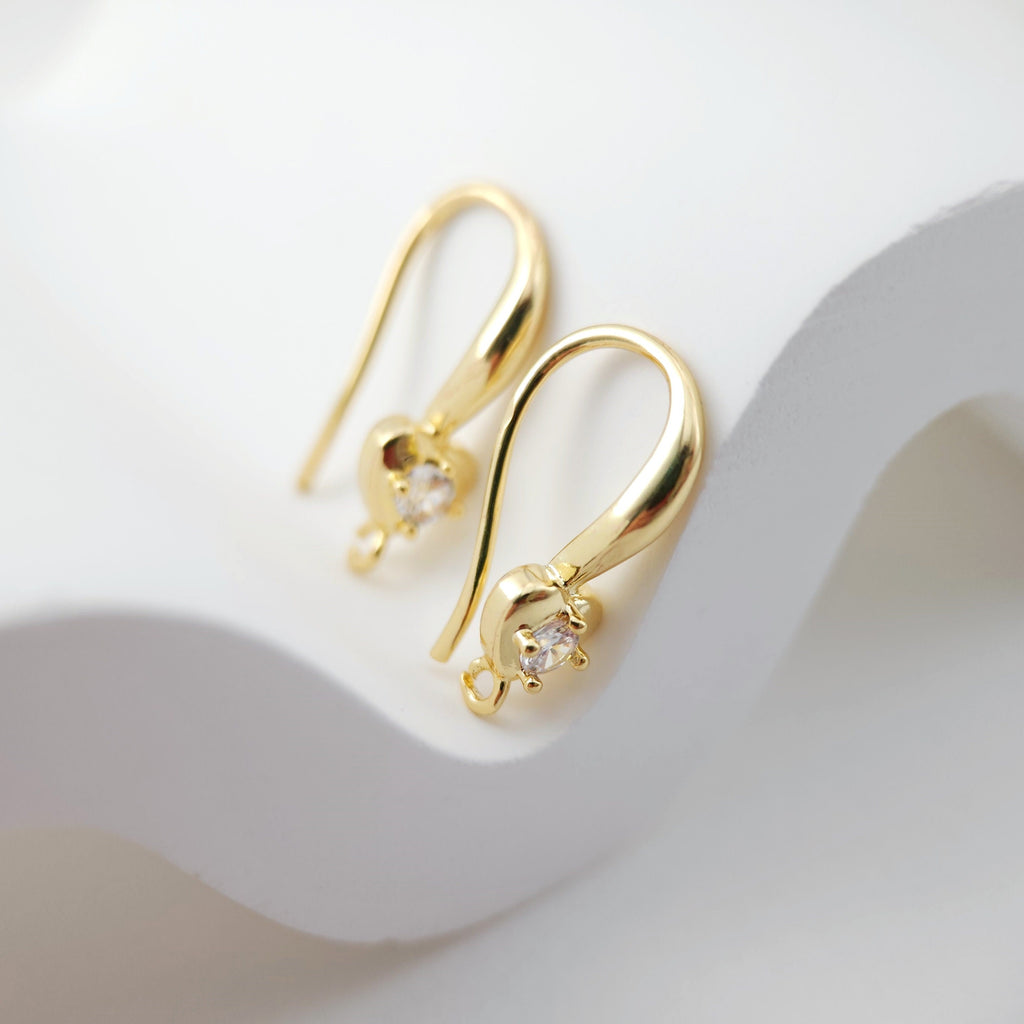 Heart Zircon Ear Wire Hook, Gold Plated Earring Hook, Hypoallergenic Hooks Earring , Nickel Free, Handmade Earring Findings  Supplies D0094