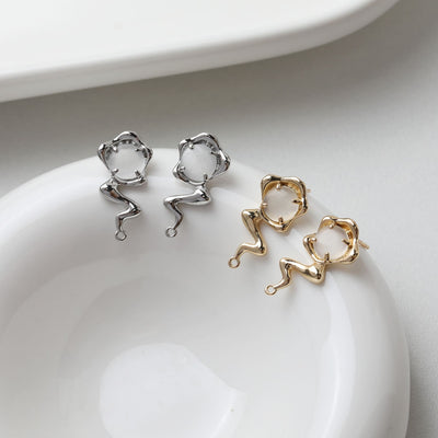 Irregular Cat's Eye Stone Earring Post, 14K Gold/Silver, S925 Silver Pin Nickel Free Earrings, Circle Ear Stud with Loop GE105