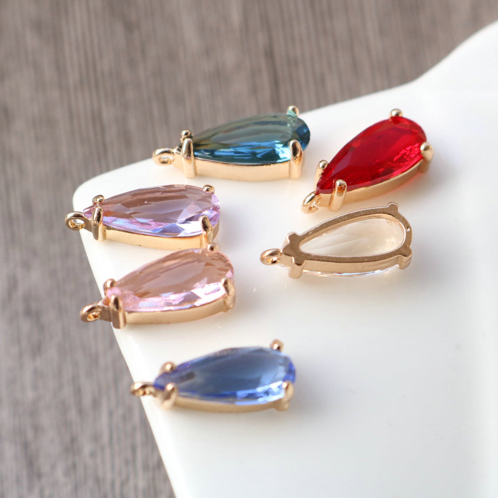 10pcs- Crystal Long Teardrop Charms, 11 colors You Choose, 14K Gold Plated Teardrop Pendant, 7x18mm, Jewelry Findings 068-F040