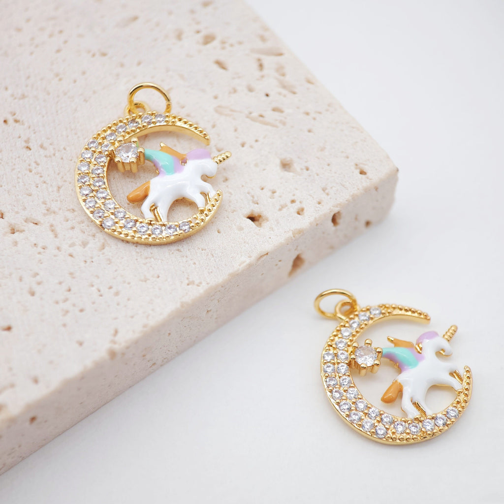 Moon Charm, Angel on the Moon, Unicorn on the Moon, 18K Gold Plated, CZ Pave, Necklace Jewelry Finding