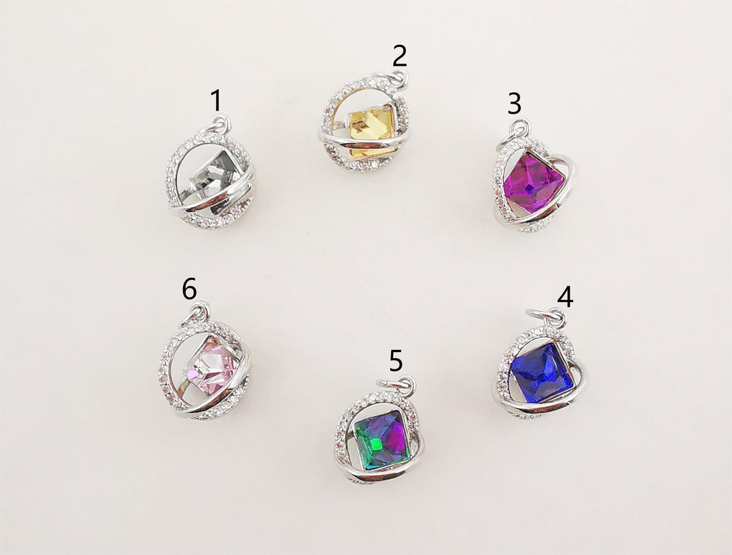 Planet Crystal Pave Charm, Multi Color Gemstone Planet Pendant, 15mm, Gold/Silver, Necklace Making Charms, Jewelry Findings S20285