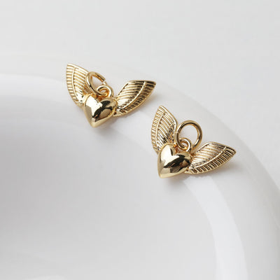 Gold Wings of Love Pendant, 14K Gold Wing Charm, Heart Charm for Necklace Making, Jewelry Findings GT032