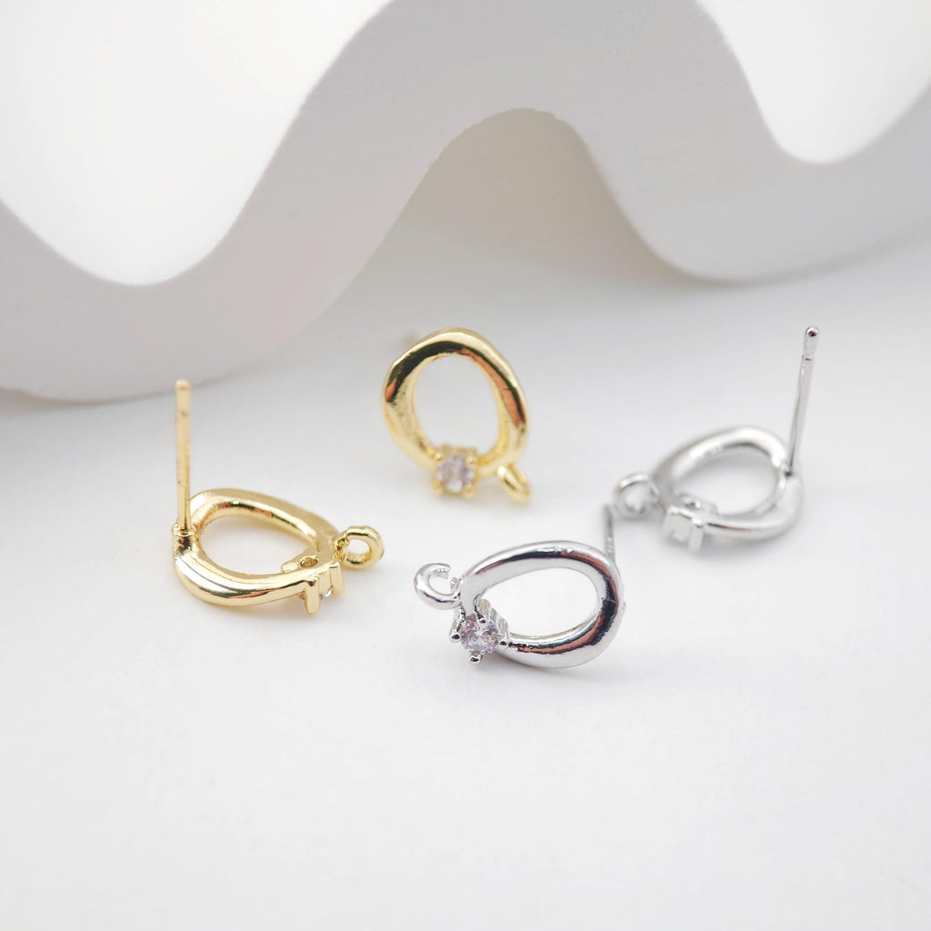 2pcs 18K Gold Hammered Circle Post With Loop, S925 Silver Pin, Oval Stud Earring Nickel Free, Hypoallergenic Earring Findings D0233