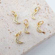 Load image into Gallery viewer, Cubic Crescent Moon Charm, 18K Gold Plated Moon Pendant, Clear Micro CZ Pave Horn Charms, 8x4mm, Jewelry Findings S760