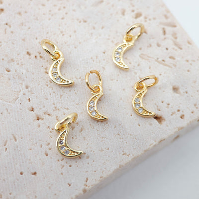 Cubic Crescent Moon Charm, 18K Gold Plated Moon Pendant, Clear Micro CZ Pave Horn Charms, 8x4mm, Jewelry Findings S760