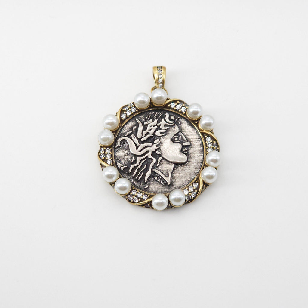 Antique Silver Boho Head Pendant, Boho Coin Charm, Gold Plated, Necklace Making Charm, Jewelry Findings S20699