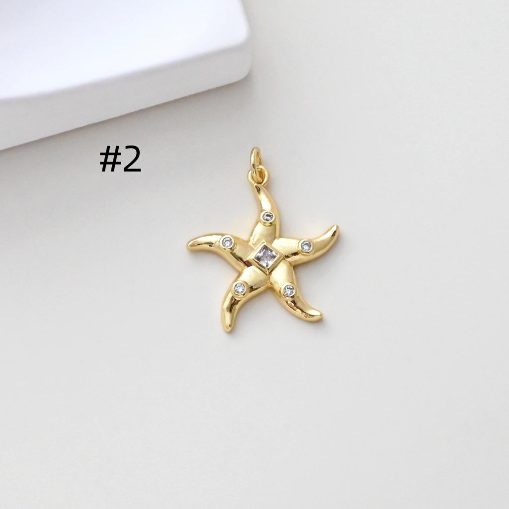 Gold Marine Life Pendant, 18k Gold Plated Brass Charm, Polish Gold Shell Pendant, Starfish Charm, Necklace Making, Jewelry Findings S1307