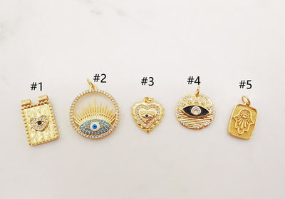 Evil Eye Charm, Coin Pendant, Heart Charm, 18K Gold Plated CZ Pave Eye Pendant, Necklace Making Charm, Jewelry Findings S1024