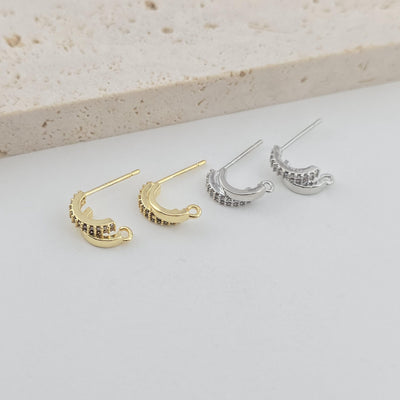 2pcs C Shape Ear Post, Nickel Free, CZ Pave, 12.5*4.5mm, 18K Gold Plated Stud Earring Finding D0239