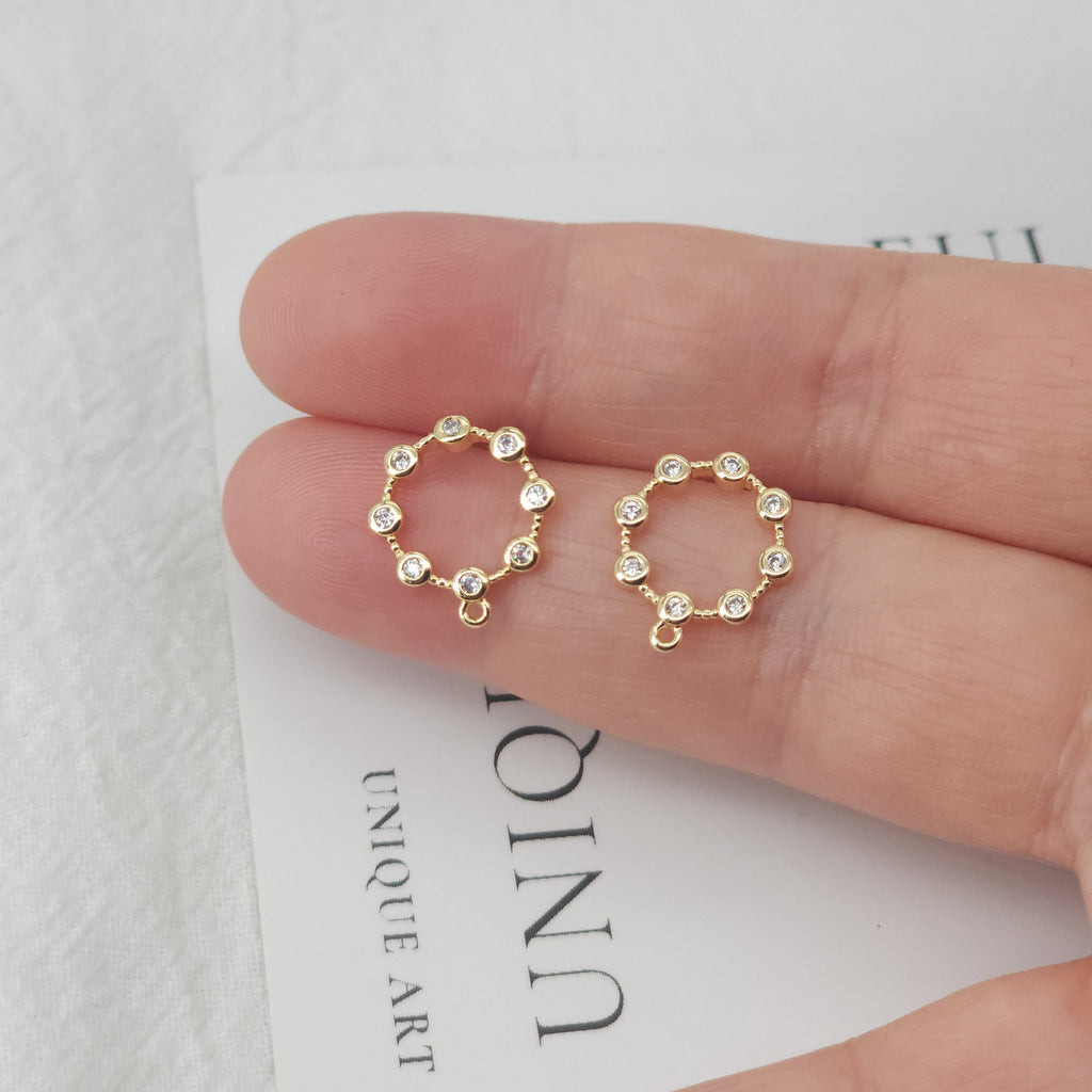 4PCS Circle Ear Post with Loops, S925 Silver Ear Pin Nickel Free, Micro CZ Pave, 13mm, 18K Gold Plated Circle Stud Earring Finding ZX047