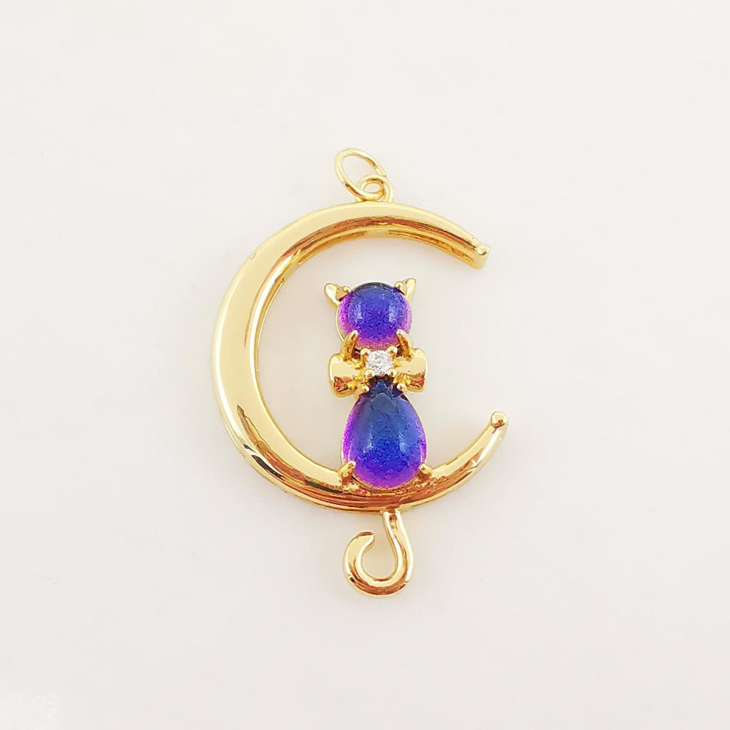 Dainty Cat on Moon Charm, CZ Pave Moon Pendant, Crystal Cat Multi Color, 18K Gold Plated, Necklace Pendant Findings S20278