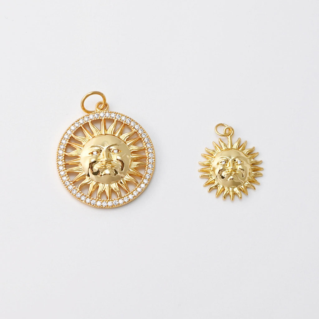 Sun Charm, Sunny Face Round Pendant, 18K Gold Plated, 20mm, 29.8mm, Necklace Making Charm, Jewelry Findings