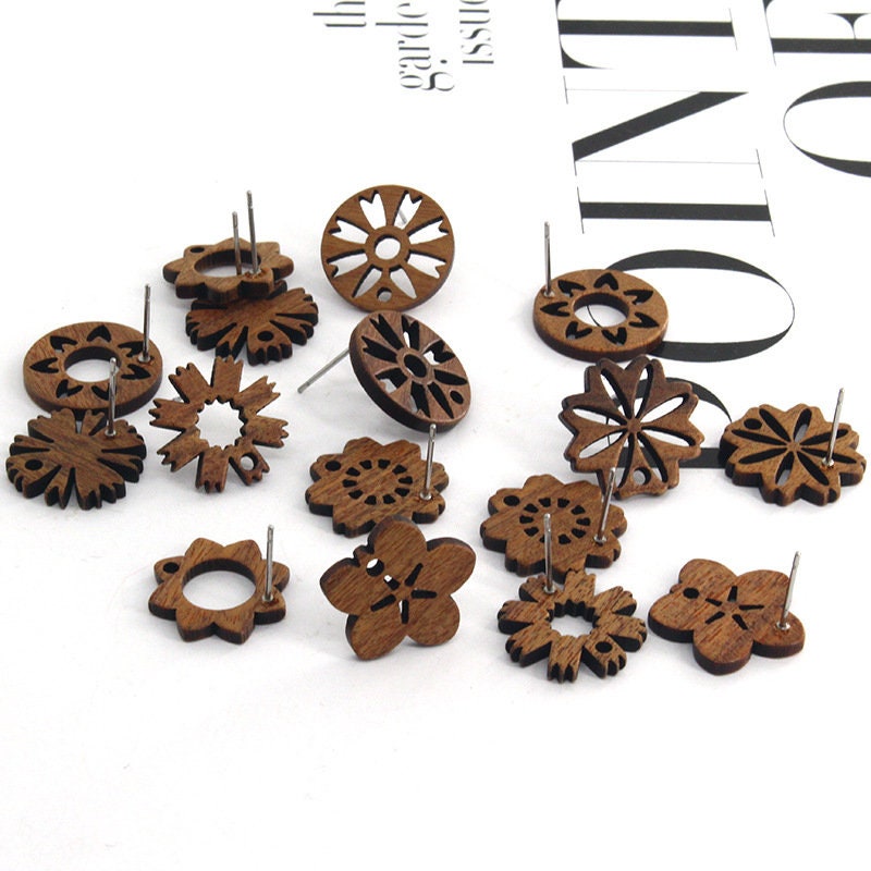 10PCS Wooden Flower Studs Collection, Geometric Wooden Earring Findings, Nickel Free, Earring Finding MY019-JT001